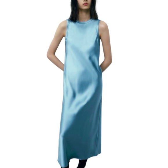 NWT Zara Midi Satin Effects Slip Sleeveless Dress Blue SZ XS - Picture 1 of 12